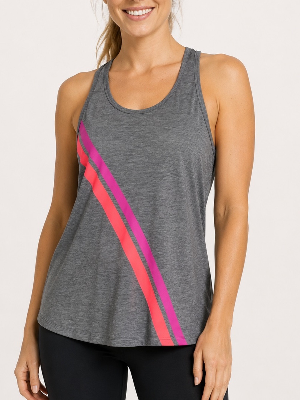 GapFit Breathe Gray Racerback Tank Top L Neon Pink Stripe Athletic